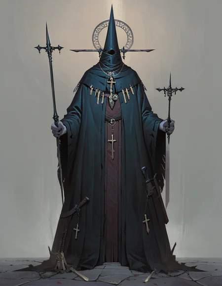 Gothic style score_9_up,score_8_up,score_7_up,score_6_up,chiaroscuro,low-key,solo,1boy,holding,jewelry,standing,full body,weapon,sword,necklace,holding weapon,holding sword,helmet,cross,knife,dual wielding,robe,holding knife,candle,dagger,holding dagger,candlestand,<lora:cultistexl-000005:1>,<lora:zavy-cntrst-sdxl:0.8>,<lora:xl_more_art-full_v1:0.8>, . Dark, mysterious, haunting, dramatic, ornate, detailed