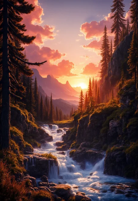 A stream cascades quickly through a rocky stream bed in the mountains. Waterfalls catch the attention. The setting sun goes below the horizon, painting the sky in vivid hues of red, orange, and gold. Tall pines frame the scene, a couple of fallen trees, a few flowers. Dew-kissed grass sparkles as sunbeams dance across the landscape. Puffy clouds catch the evening light, transforming into floating islands of color. In the distance, the mountains' peaks submerge in shadow.