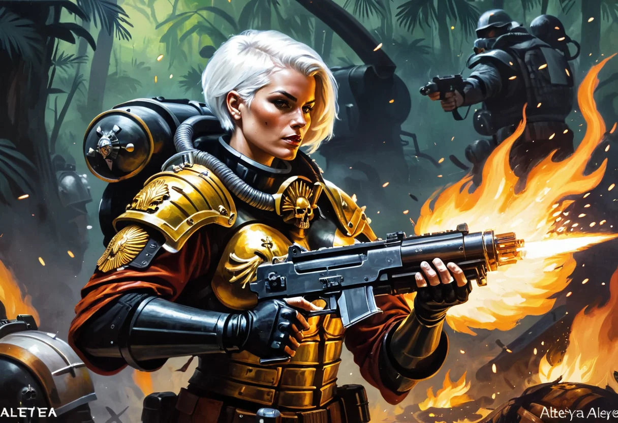 Masterpiece, painting of a solo sexy Sister of battle, short white hair, black and gold armor, shooting flames from a combi-flamer \(flamethrower\), combat, catachan jungle, [landscape], action, complex, muted colors, grimdark, warhammer 40k, oil on canvas, flat color, concept art, extremely detailed,
AND_PERP By Alteya:1
<lora:Sisters-of-Battle-subset-000004:1>