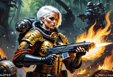 Masterpiece, painting of a solo sexy Sister of battle, short white hair, black and gold armor, shooting flames from a combi-flamer \(flamethrower\), combat, catachan jungle, [landscape], action, complex, muted colors, grimdark, warhammer 40k, oil on canvas, flat color, concept art, extremely detailed,
AND_PERP By Alteya:1
<lora:Sisters-of-Battle-subset-000004:1>