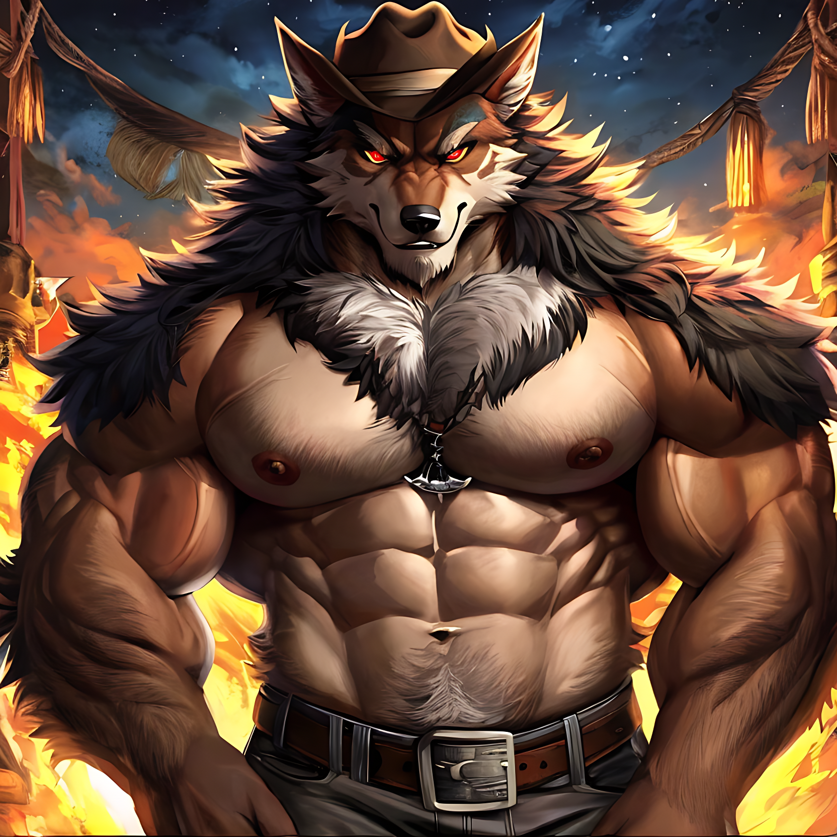 zannon uau koitsu (bara)+, muscular, werewolf, cowboy cloths stunning eyes