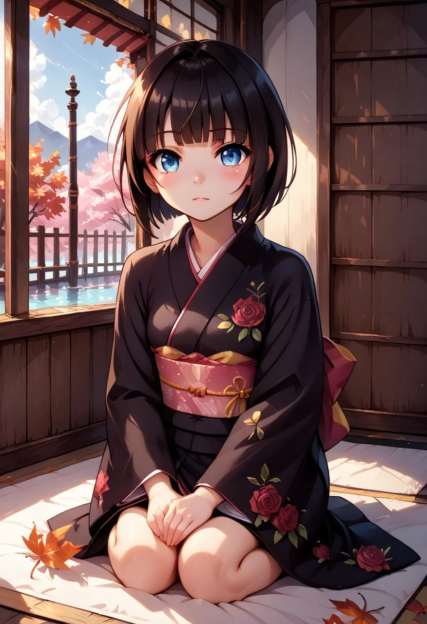 (score_9, score_8_up, score_7_up, highest score, best quality:1.2), zPDXL3, NEGATIVE_HANDS, detail1eye, hi-res. 8k, source_anime, jptradartpny BREAK 1girl, short black hair, hime cut, long sidelocks, blue eyes, small breasts, calm, hands resting on legs, szk1ck1x, seiza, sitting BREAK black kimono, kimono, rose print BREAK veranda, traditional japanese house,, autumn, falling leaves, orange leaves, brown leaves  (outdoors:1.3) , depth of field, sharp colors, perfect anatomy, (detailed realistic background:1.3), (high quality:1.1), (ultra detailed:1.4), <lora:pony_good_hands:0.7>, <lora:add-detail-xl:1>, <lora:xl_more_art-full_v1:0.5>