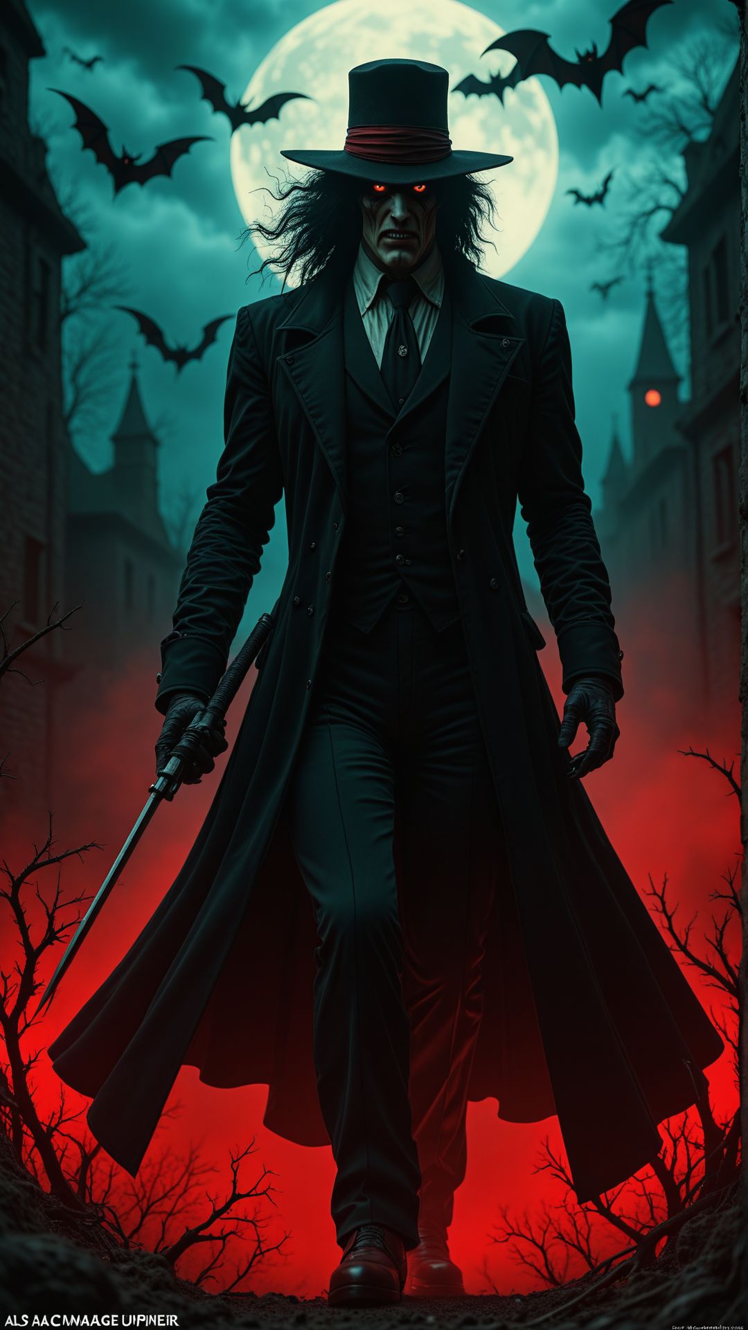 Alucard from Hellsing, emerging from the shadows with glowing red eyes and pistols blazing, as he confronts his enemies on a moonlit night. Anime style wallpaper in the style of the show, epic, vibrant manga 
, aidmaimageupgrader  <lora:aidmaImageUpgrader-v0.3-IL:0.75>