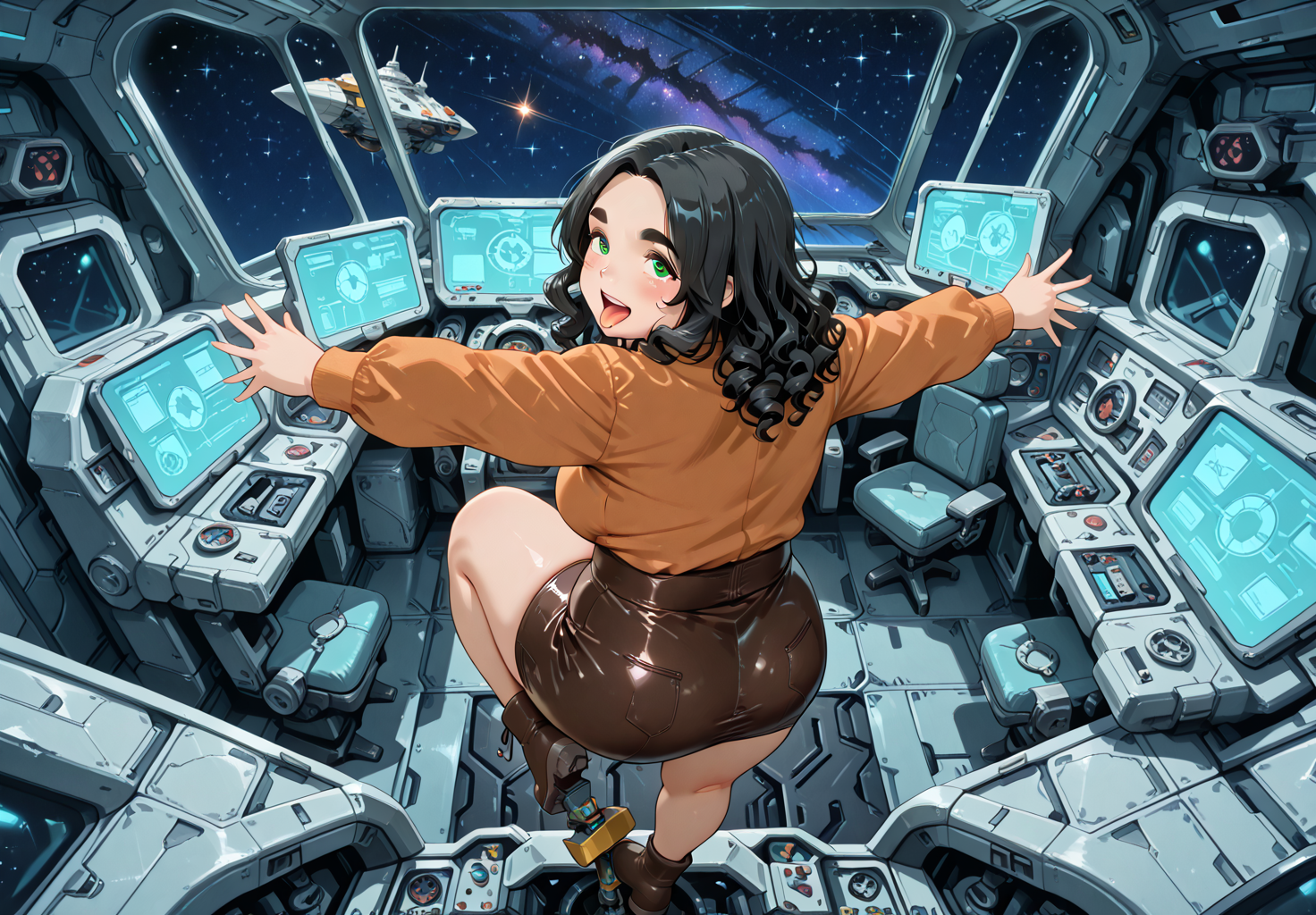 IllusP0s, PonyScores7, source_anime, ah1, IllustriousQual, interesting, exciting, spectacular, wonderful, amazing quality, absolutely eye-catching, 
BREAK <lora:xl_more_art-full_v1:0.2>, <lora:aesthetic_anime_v1s:0.2>, <lora:detailxl:0.2>, detailxl, amazing quality, best aesthetic, absurdres, illustration, Volumetric_Lighting, ultra-detailed, very aesthetic, intricate details, best_quality, lazympos, <lora:Add_Details_v1.2:0.4>, <lora:quality_modifiers_masterpieces_v1:0.2>, anime style, <lora:HDA_Detailer:0.3>, <lora:natsumi_style:0.2>, <lora:by_usakun-pony:0.2>, by usakun, <lora:Akina_Bbw_Style_-_PonyXL:0.2>, AkinBw,
BREAK (((Balancing on one foot on a narrow bridge, arms extended))), <lora:DynamicPoseIL2att_alpha1.0_rank4_noxattn_900steps:0.2>, dynamic pose, foreshortening, extreme perspective, <lora:dynamic_anime_art_illustriousXL:0.2>, dynamic_anime_art,
BREAK 1girl, mature female, (curvy), round-chin, caucasian, <lora:ETO_OC_Illustrius:0.5>, eto_oc, <lora:skindentation:0.2>, skindentationILL, skindentation, (plump), thick thighs, wide hips, busty, voluptuous, <lora:plussizegirls_IL:0.3>, <lora:plussizegirls_pony:0.3>, <lora:shinyskin2:0.2>, glistening skin, HDA_FatGirlXL, round ass, large breasts, <lora:perfection style:0.2>, perfection style, perfection, 
BREAK ((rich raspberry fitted top with high-waisted leather skirt and ankle boots)),
BREAK (curly hair), long hair, (black hair:1.4), (parted hair:1.7), messy hair, kinky curls, <lora:hairdetailpxl:0.2>, hairdetailpxl,
BREAK (half green and brown eyes), (colorful eyes), (multicolored eyes), (downturned eyes:1.4), expressive eyes, detailed eyes, (round face:1.2), (thick eyebrows:1.3), (plump face), <lora:Round_face:0.2>, lips,
BREAK (((tongue, gasp expression))), <lora:Expressive_H:0.2>, Expressiveh, <lora:Emotional_Anime_Expressions_PonyXL_Concept:0.2>, emotional, <lora:Best_Facial_Expression_LoRA_PONY:0.2>, looking at viewer, <lora:Detailed expressive EXEV style -XL Pony V1.0:0.2>, FaceDetail, <lora:Best_Facial_Expression_Helper_XTREME_ILLU:0.4>, kaogei,
BREAK (((<lora:SpaceBridge:0.6>, br1dg3, indoors, science fiction, scenery, spacecraft, star (sky), space, interior, window, chair, cockpit, holographic monitor, screen))), ((((from above), (from back), at a medium distance, knees focus))), 4k, 8k, Ultra HD, Masterpiece, Best quality, Detailed background, <lora:AddMicroDetails_Illustrious_v3:0.2>, addmicrodetails