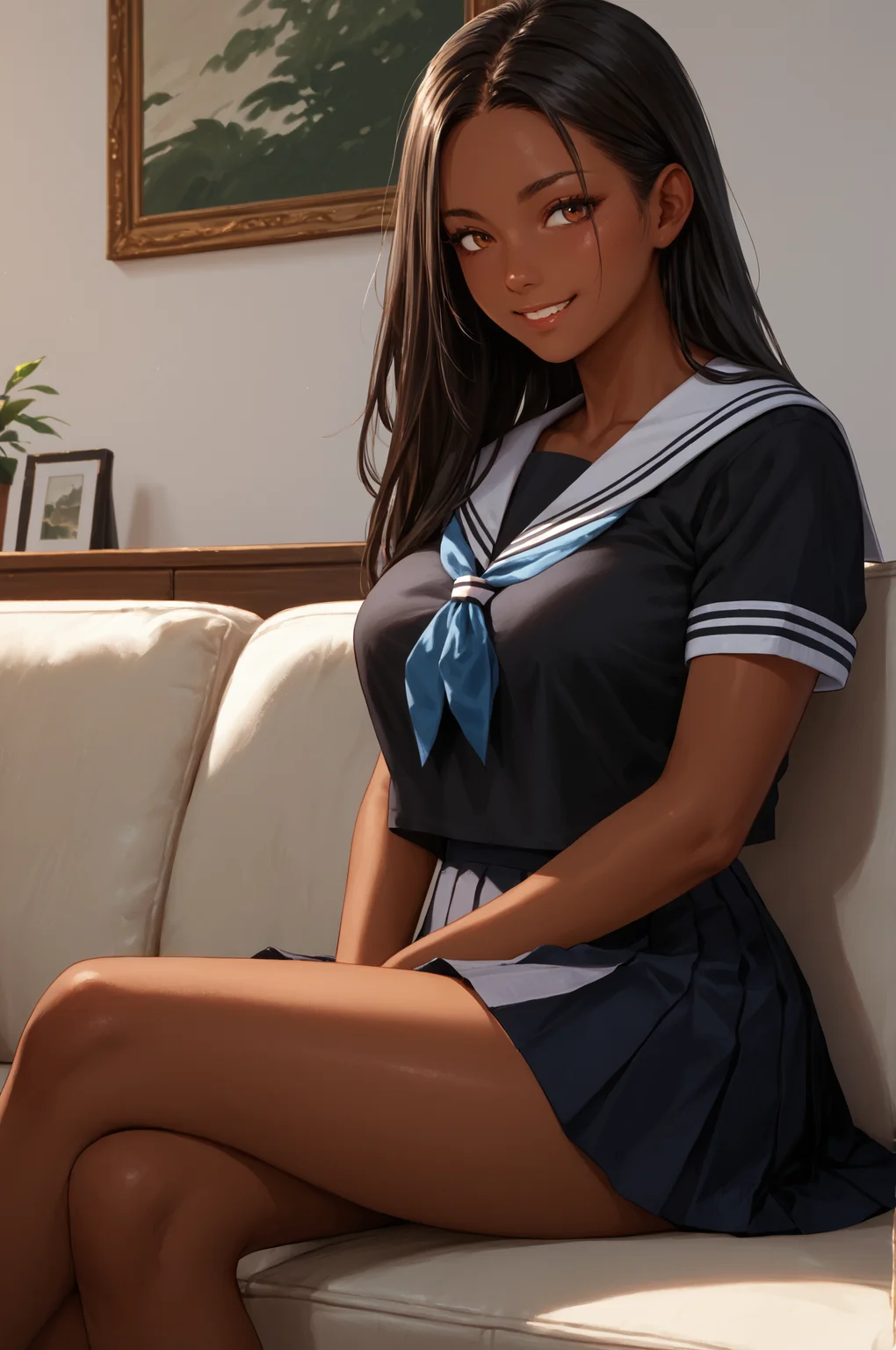 score_9, score_8_up, score_7_up, score_6_up, score_5_up, score_4_up, (high quality, detailed, beautiful) dark_skin, large_breasts, smile, sitting, couch <lora:BlackSera16_epoch_5:0.99> black_serafuku, skirt,