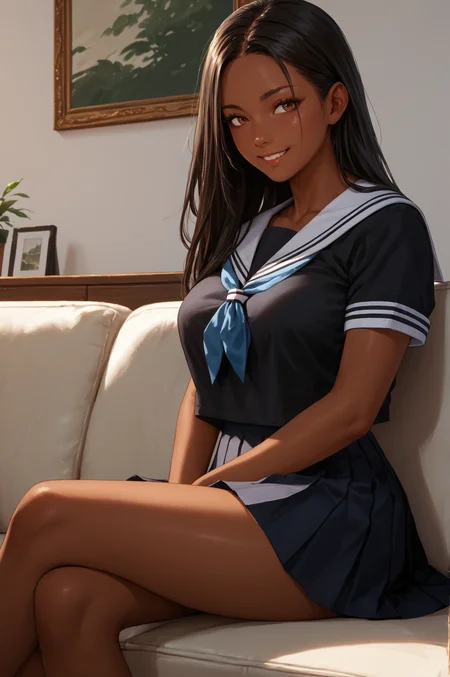 score_9, score_8_up, score_7_up, score_6_up, score_5_up, score_4_up, (high quality, detailed, beautiful) dark_skin, large_breasts, smile, sitting, couch <lora:BlackSera16_epoch_5:0.99> black_serafuku, skirt,