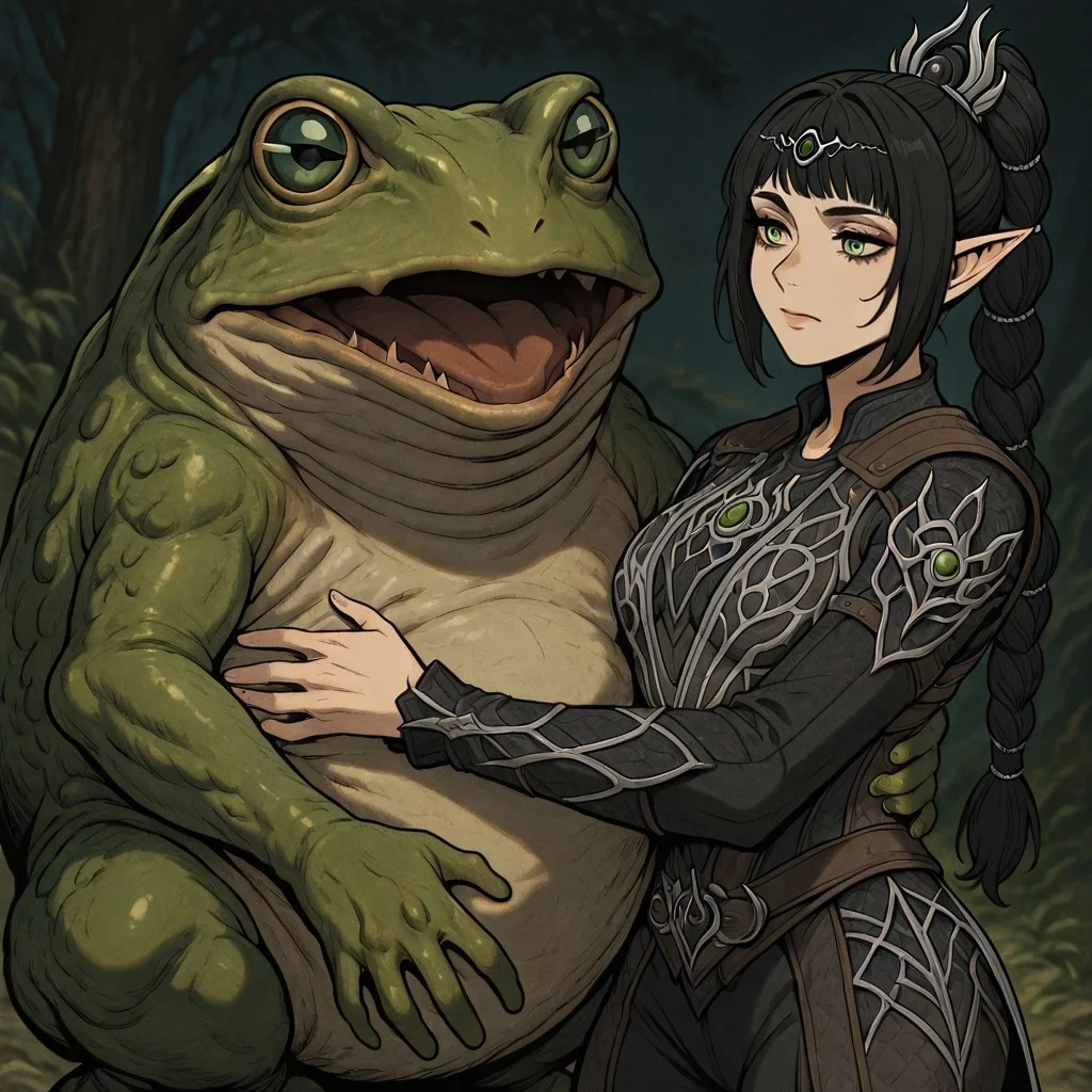 masterpiece, best quality, newest, absurdres, highres, anime, anime style, 1girl, shadowheart \(baldur's gate\), long braid, elf, pointy ears, black hair, braid, side bangs, green eyes, CWKIV1.0, monster, hug, oversized animal, frog, oversized frog,