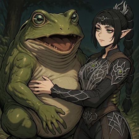 masterpiece, best quality, newest, absurdres, highres, anime, anime style, 1girl, shadowheart \(baldur's gate\), long braid, elf, pointy ears, black hair, braid, side bangs, green eyes, CWKIV1.0, monster, hug, oversized animal, frog, oversized frog,