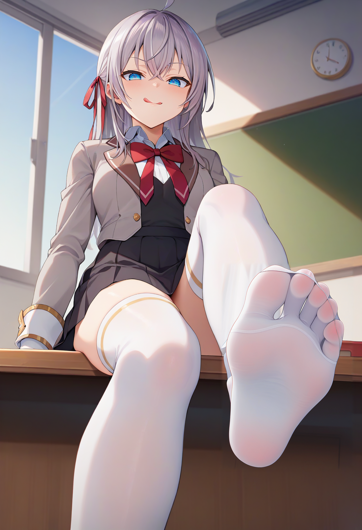 score_9, score_8_up, score_7_up, source_anime, 1girl, alya, grey hair, long hair, ahoge, hair ribbon, blue eyes, school uniform, bowtie, black skirt, white thighhighs, sitting, on table, foot focus, naughty face, licking lips, looking at viewer, from below, classroom <lora:brj-alya-pony-v0.5:1>