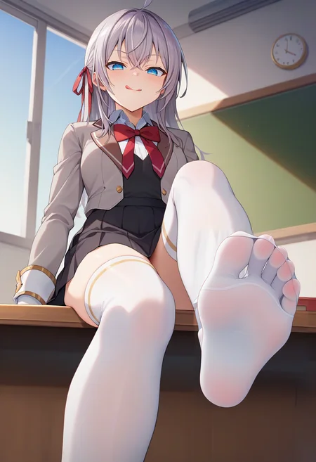 score_9, score_8_up, score_7_up, source_anime, 1girl, alya, grey hair, long hair, ahoge, hair ribbon, blue eyes, school uniform, bowtie, black skirt, white thighhighs, sitting, on table, foot focus, naughty face, licking lips, looking at viewer, from below, classroom <lora:brj-alya-pony-v0.5:1>