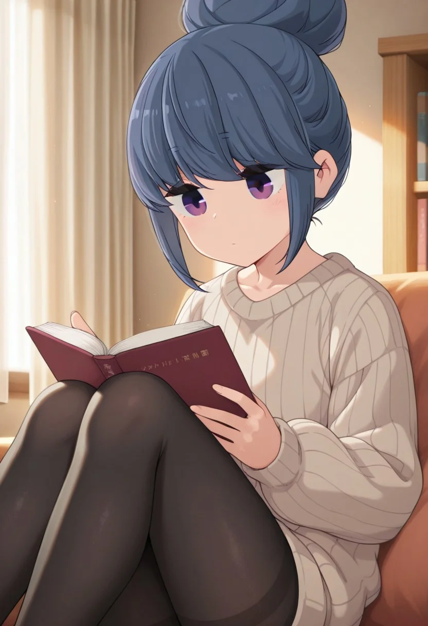 masterpiece,best quality,amazing quality, shima rin, blue hair, purple eyes, 1girl, solo, sweater, book, sitting, holding, pantyhose, reading, holding book, long sleeves, black pantyhose, closed mouth, indoors, curtains