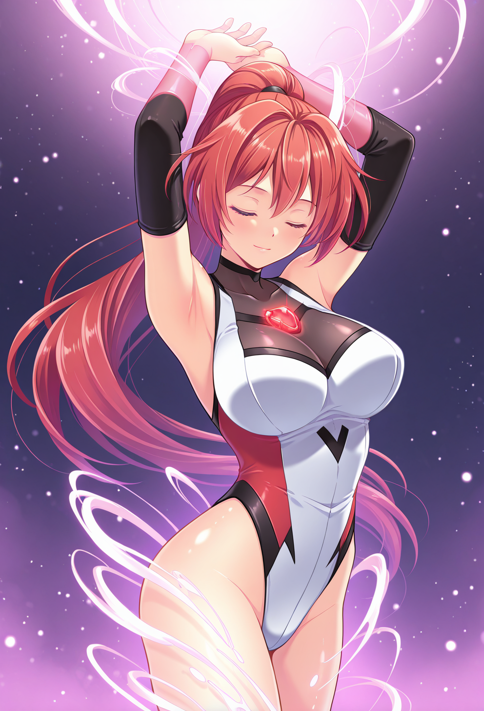 <lora:Seikou_Senki_Poni_Ceress_ill_v1.1-000008>,poniceress,red hair,long hair,ponytail,large breasts,
leotard,elbow sleeves,
1girl,solo,anime screenshot,
transformation,glowing,light particles,arms up,closed eyes,light smile,closed mouth,, ,best quality,amazing quality,,textless version, absurdres,