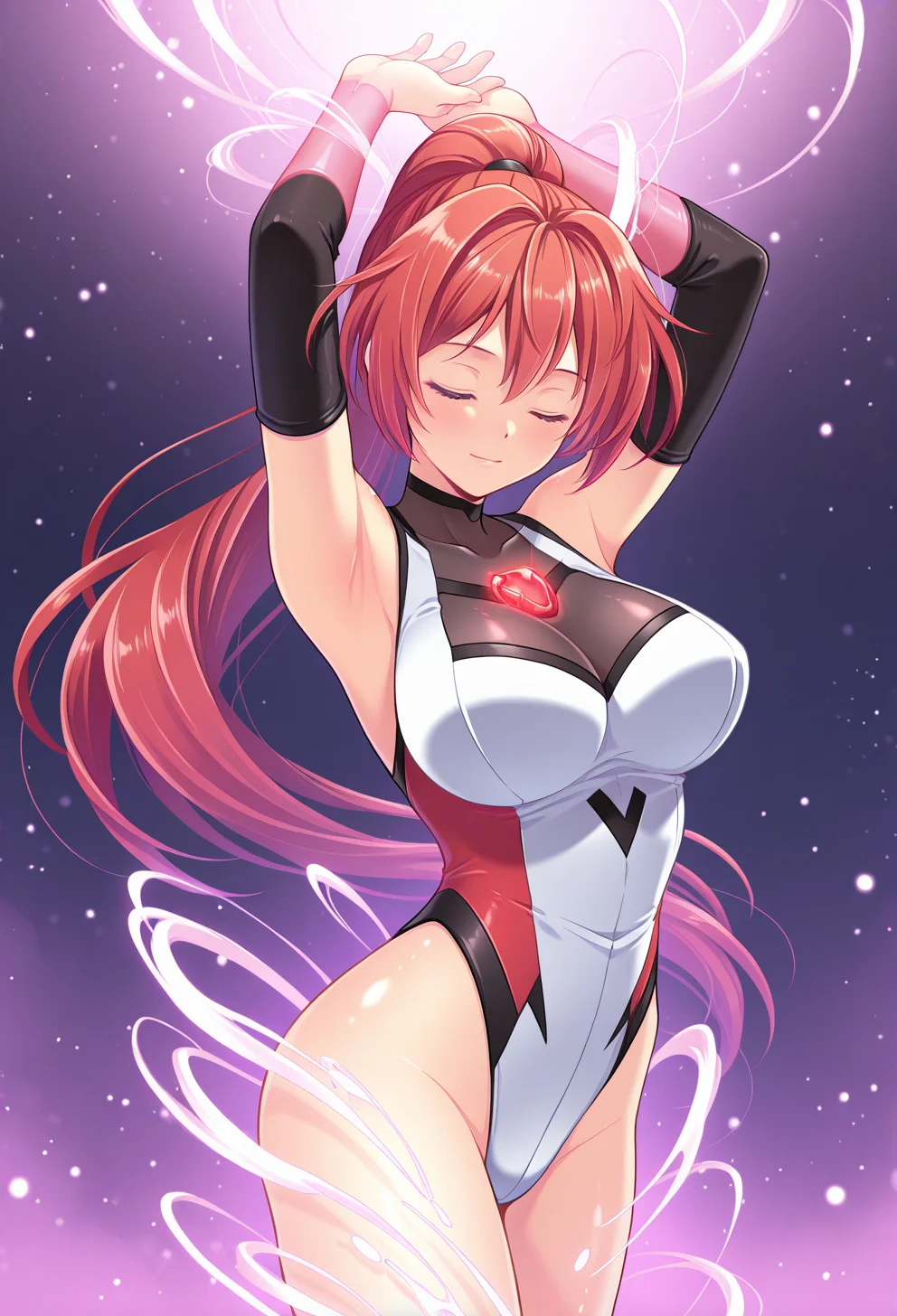 <lora:Seikou_Senki_Poni_Ceress_ill_v1.1-000008>,poniceress,red hair,long hair,ponytail,large breasts,
leotard,elbow sleeves,
1girl,solo,anime screenshot,
transformation,glowing,light particles,arms up,closed eyes,light smile,closed mouth,, ,best quality,amazing quality,,textless version, absurdres,
