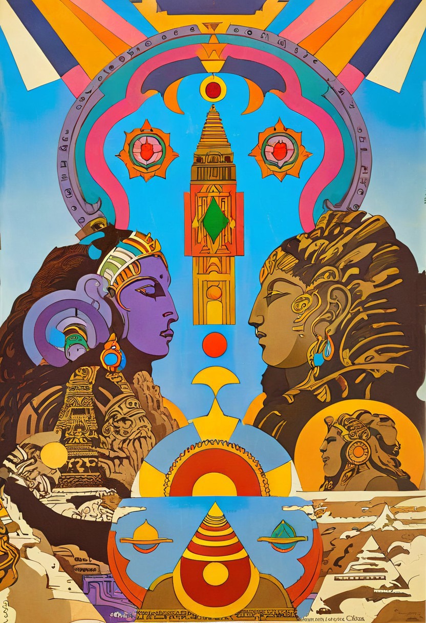 a design of inspirational ancient:futuristic civilization in the style of milton-glaser, population, harmonious intricate motivational society, monumental, temple of sun goddess, Bhairavi:chakra