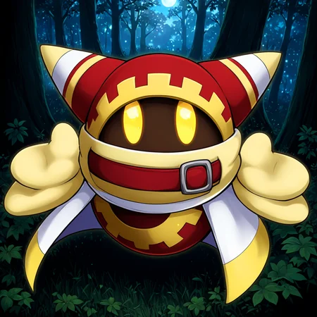 cute forest, <lora:Magolor:1> magolor, red outfit, solo, yellow eyes, no humans,belt, cape, glowing eyes, looking at viewer, glowing, gloves, buckle, (anime, masterpiece, intricate:1.3), (best quality, hires textures, high detail:1.2), (4k),(incredibly detailed:1.4),UHD, 8K, ultra detailedâââ
