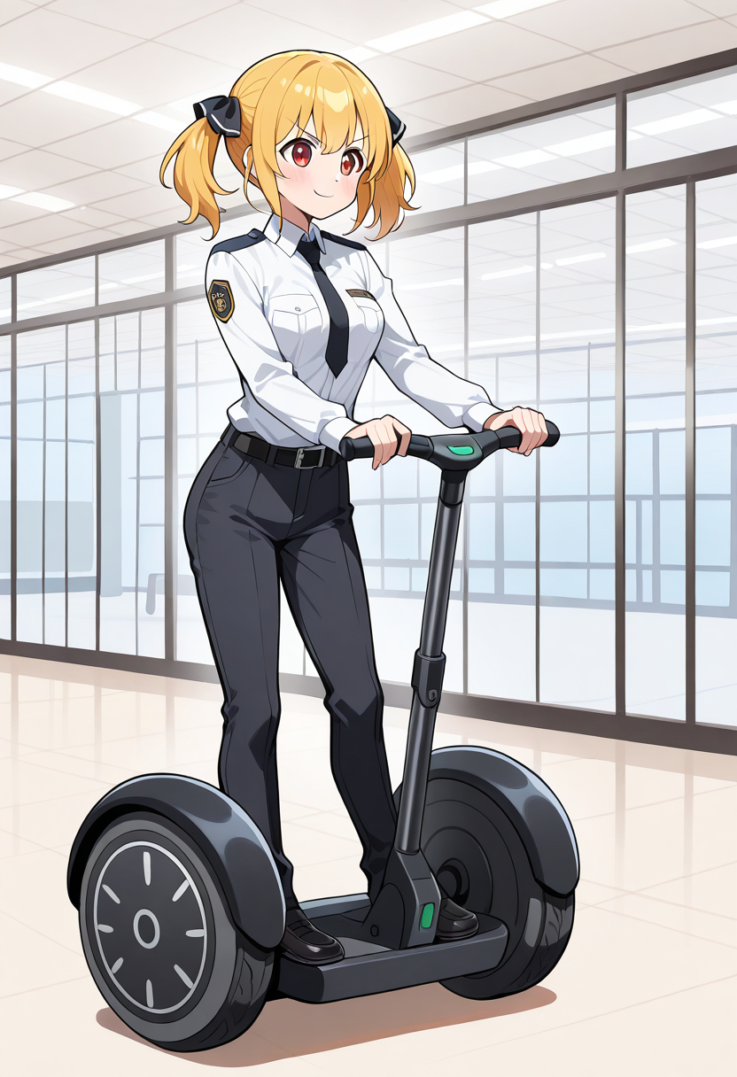 segw4y, riding segway, on segway, 1girl, solo, lorelumilanru, blonde hair, short twintails, hair ribbon, red eyes, medium breasts, white shirt, long sleeves, black necktie, belt, black pants, black shoes, full body, security officer outfit, indoors, mall, v-shaped_eyebrows, confident smile,