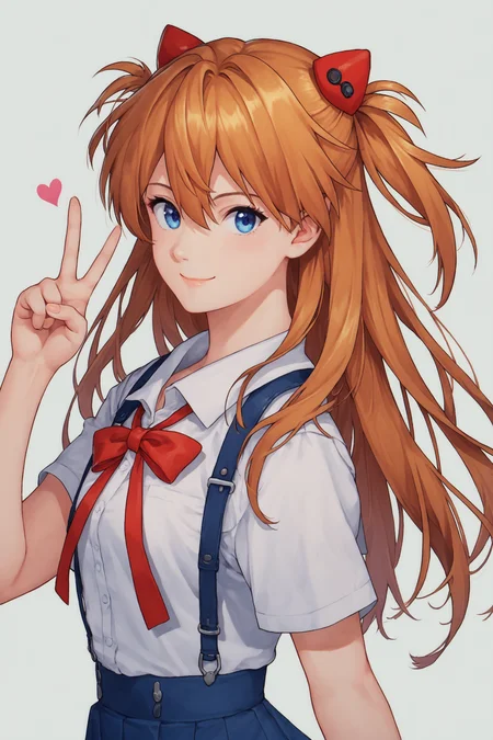 1girl,souryuu asuka langley,solo,long hair,school uniform,blue eyes,smile,white background,ribbon,shirt,simple background,v,orange hair,short sleeves,skirt,red ribbon,neck ribbon,white shirt,bangs,hair between eyes,looking at viewer,tokyo-3 middle school uniform,signature,closed mouth,two side up,hair ornament,suspender skirt,interface headset,suspenders,cowboy shot,blue skirt,heart,score_9,score_8_up,<lora:Tsukasa Hojo_XL_PONY:0.8>,