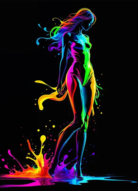 a fine color ink lineart sketching of a young slender (woman (figure silhouette)), glowing colorful outline, (very big shiny vivid volumetric splash extravaganza:1.3), best quality, (oversaturated rainbow colors), elegant,  clean and sharp, 4k resolution, [(black background)::1]