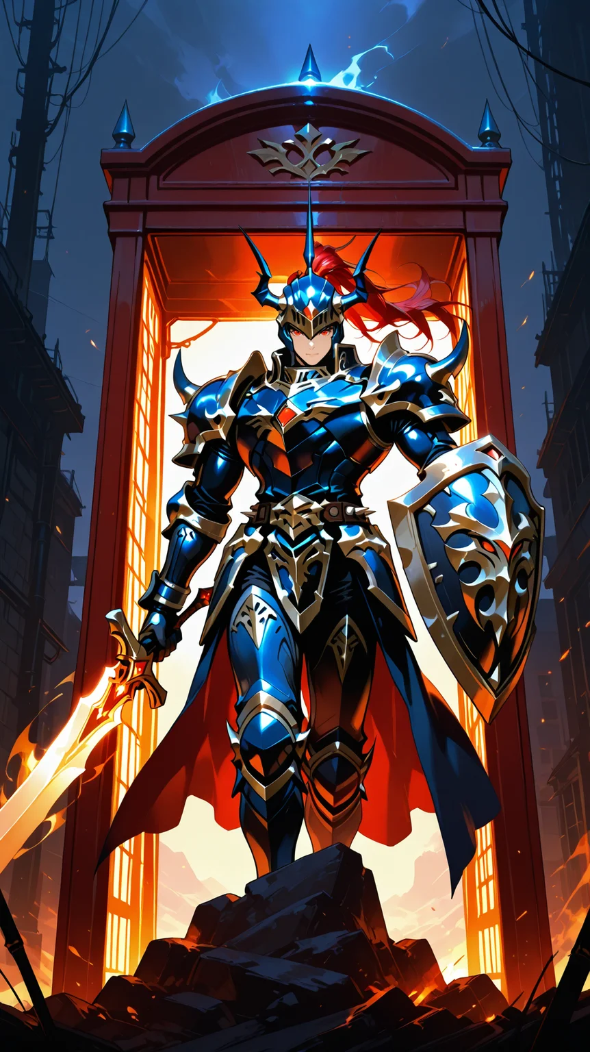 IllusP0s_1097608, (masterpiece), (best quality), (ultra-detailed), amazing quality, very aesthetic, illustration, perfect composition, intricate details, absurdres, incredibly absurdres, BREAK,1 male,
<lora:Black_Luster_Soldier_yugioh:0.8>, long hair, red hair, red eyes, helmet, horned helmet, armor, shoulder armor, holding sword, hold shield, spikes,spikes armored boots, sword,long sword,long single braid, Black Luster Soldier , in a phone booth Wide shot, capturing the subject and their full surroundings chiaroscuro lighting performing an upward slash with a phoenix fire sword, embers trailing in the air upper body