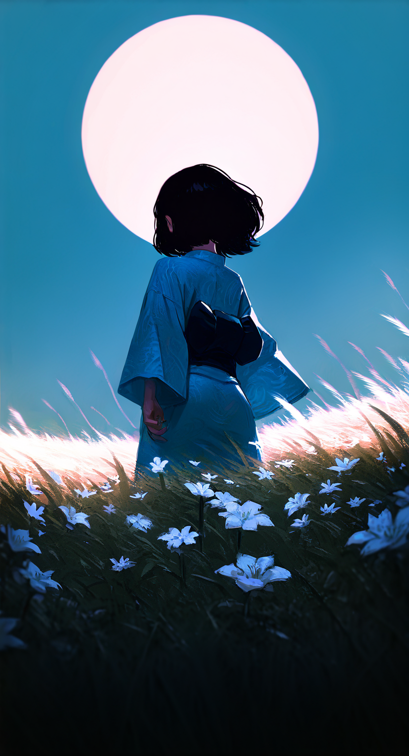 masterpiece, best quality, good quality, very aesthetic, absurdres, newest, a young East Asian woman with long, dark hair, rocking a light blue kimono. She's chillin' in a field of tall grass under a glowing full moon, clutching a white flower. The background is a mix of dark blues and greens, soft lighting, <lora:ponyv5_noobV065S_1_adamW-000013:0.7> <lora:USNR_STYLE_XL_lokr:0.45>