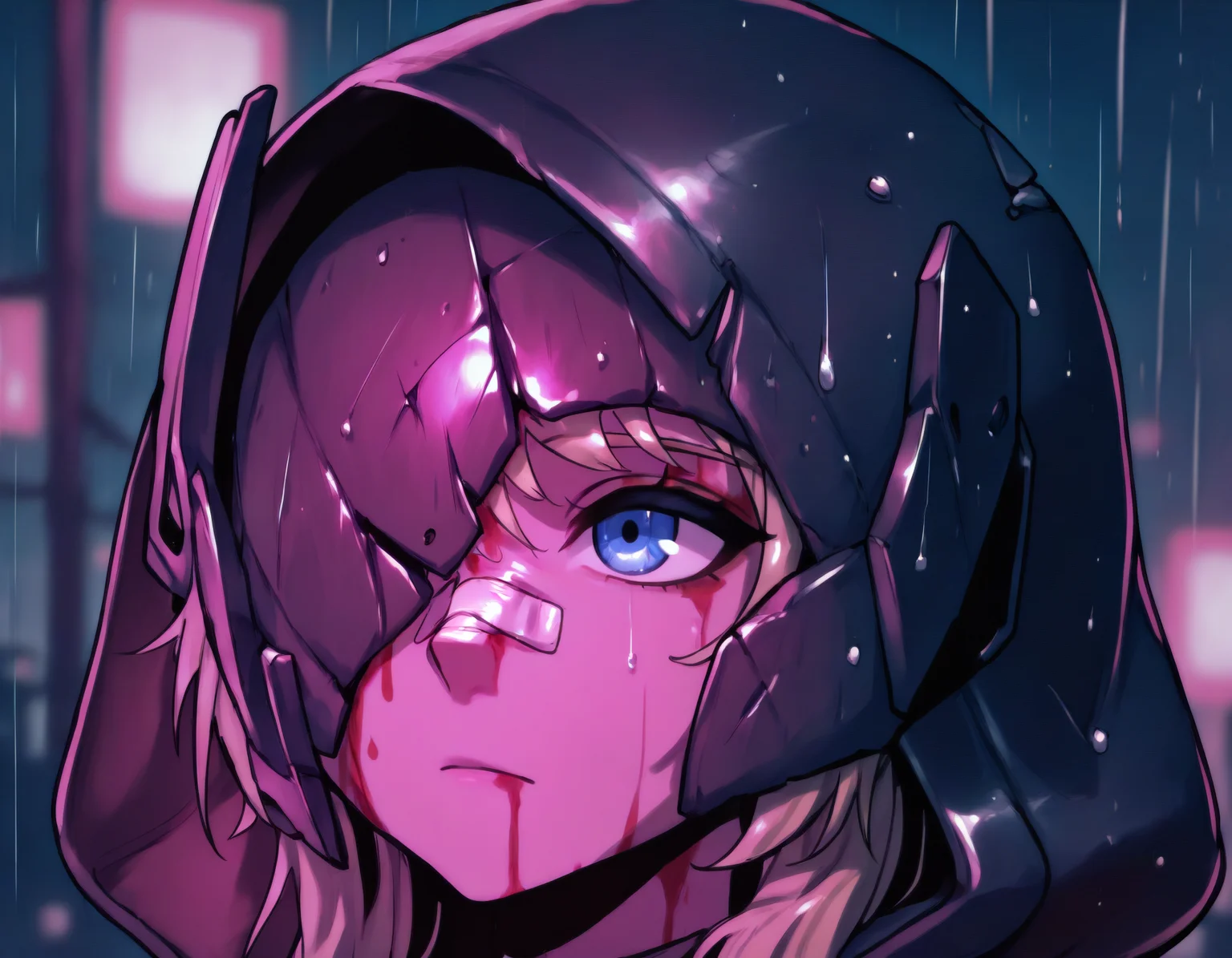 masterpiece, best quality, absurdres, very aesthetic, solo, 1girl, blue eyes, hood up, blonde hair, broken mask, one eye covered, portrait, bandaid on nose, blurry background, pink lighting, night, dark, pink theme, blood on face, rain <lora:gravenikke-illu-byananas-v12:1> <lora:YouLookLonelyIllustriousXL_byKonan:1>
