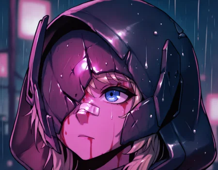 masterpiece, best quality, absurdres, very aesthetic, solo, 1girl, blue eyes, hood up, blonde hair, broken mask, one eye covered, portrait, bandaid on nose, blurry background, pink lighting, night, dark, pink theme, blood on face, rain <lora:gravenikke-illu-byananas-v12:1> <lora:YouLookLonelyIllustriousXL_byKonan:1>