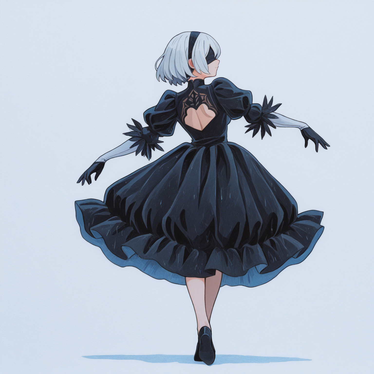 masterpiece, best quality, traditional watercolor style, paper texture, limited palette, blue grey theme, white background, raincloud background, 

1girl, solo, dancing, 2B, white hair, blindfold, eyes hidden, black dress, slit dress, black tutu, gloves, full body, 