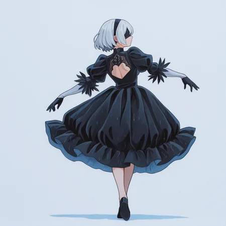 masterpiece, best quality, traditional watercolor style, paper texture, limited palette, blue grey theme, white background, raincloud background,
1girl, solo, dancing, 2B, white hair, blindfold, eyes hidden, black dress, slit dress, black tutu, gloves, full body,