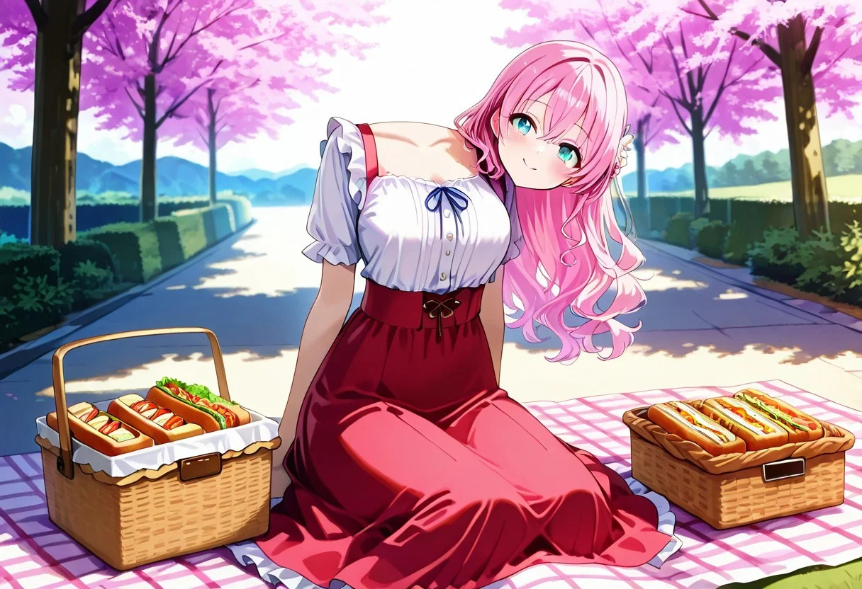 masterpiece, ultra-detailed, best quality, 8K, illustration, absolutely eye-catching,
1girl, solo,
An illustration of a cute 18-year-old girl with long light pink wavy hair and cyan eyes. She is sitting on a picnic blanket under a cherry tree and viewing the cherry blossom. Her head is detached from her body. She put her detached head on the blanket, where there is also a basket full of delicious foods. She has an excited mood with a smile on her face. She is wearing a casual outfit, including an nice one-piece dress with a high-waist long frilled skirt. It is spring and makes one feel warm and cozy.,
disembodied_head_smooth_shoulder, shoulderline covered,
BREAK
cyan eyes, lightpink hair, long hair, one-piece dress, long skirt, high-waist skirt, tiered skirt, outdoors, sitting, picnic blanket, food, sandwich, picnic basket, joyful, detailed