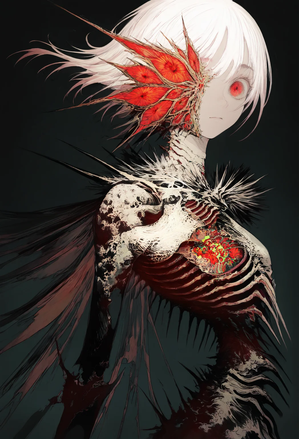 solo, looking at viewer, red eyes, upper body, black background, 1girl, white hair, closed mouth, ribs,
, ,,,, masterpiece,best quality,very aesthetic,absurdres
<lora:monfornoob:0.95>