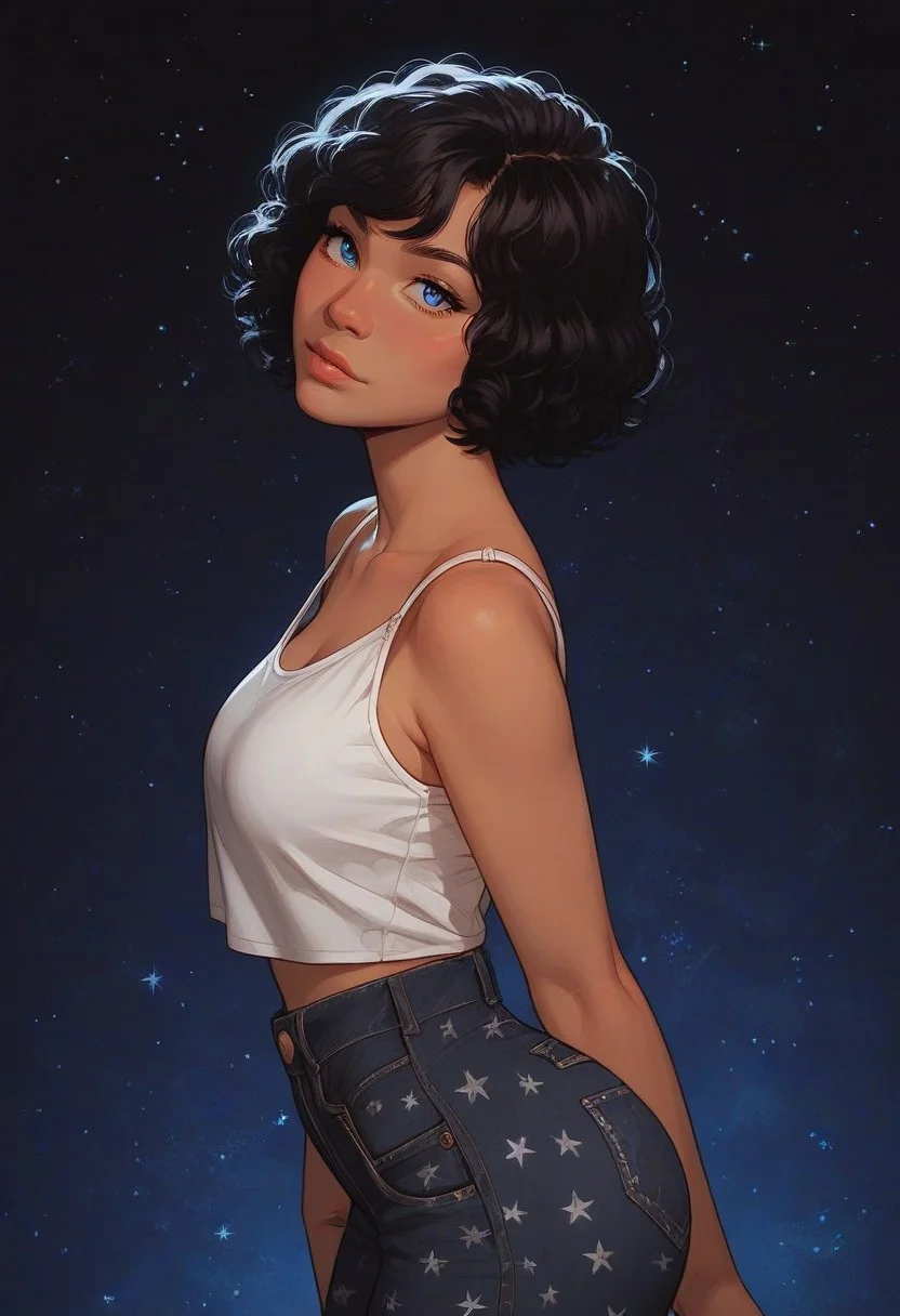 score_9, score_8_up, score_7_up, 1girl, ultra detailed, masterpiece, highres, absurdres, Expressiveh, perfect eyes, beautiful, petite, medium breasts, fat big ass, wide hips, wearing patterned pants and bra, cute, 1girl, dark-skinned, solo focus, solo, blue eyes, short hair, curly black hair, starry background, sparkly background, face focus, from above, side view,