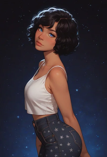 score_9, score_8_up, score_7_up, 1girl, ultra detailed, masterpiece, highres, absurdres, Expressiveh, perfect eyes, beautiful, petite, medium breasts, fat big ass, wide hips, wearing patterned pants and bra, cute, 1girl, dark-skinned, solo focus, solo, blue eyes, short hair, curly black hair, starry background, sparkly background, face focus, from above, side view,