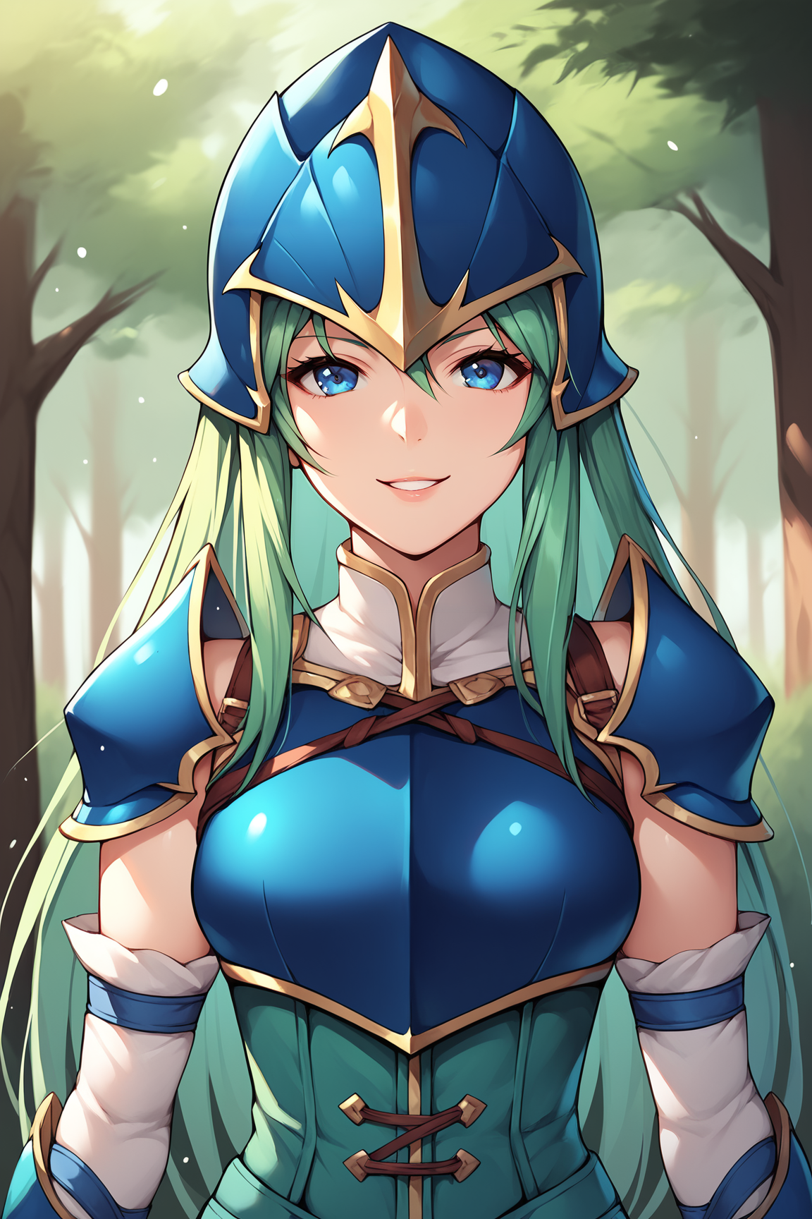 score_9, score_8_up, score_7_up, score_6_up, BREAK, NepheneeFEXL, blue eyes, green hair, long hair, sidelocks, medium breasts, blue armor, blue helmet, shoulder armor, breastplate, green corset, white sleeve, detached sleeve, solo, front view, (portrait, upper body), solo focus, seductive smile, looking at viewer, forest, tree <lora:NepheneeFEXL:0.8>