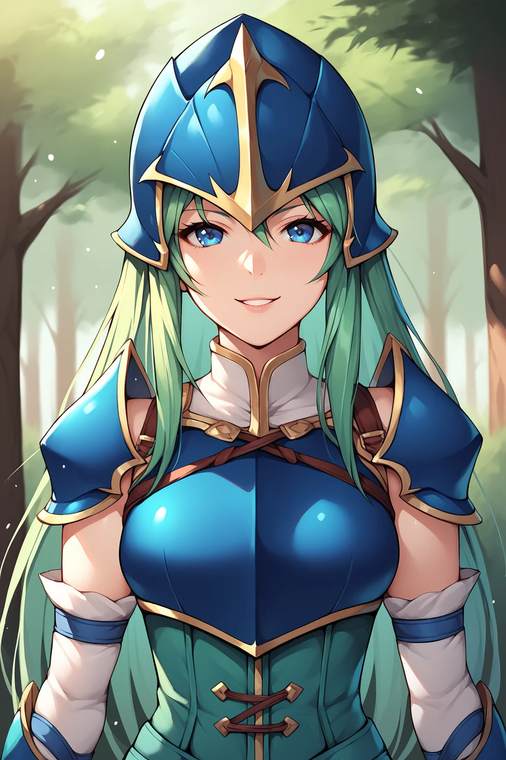 score_9, score_8_up, score_7_up, score_6_up, BREAK, NepheneeFEXL, blue eyes, green hair, long hair, sidelocks, medium breasts, blue armor, blue helmet, shoulder armor, breastplate, green corset, white sleeve, detached sleeve, solo, front view, (portrait, upper body), solo focus, seductive smile, looking at viewer, forest, tree <lora:NepheneeFEXL:0.8>