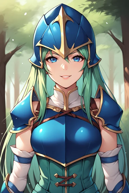 score_9, score_8_up, score_7_up, score_6_up, BREAK, NepheneeFEXL, blue eyes, green hair, long hair, sidelocks, medium breasts, blue armor, blue helmet, shoulder armor, breastplate, green corset, white sleeve, detached sleeve, solo, front view, (portrait, upper body), solo focus, seductive smile, looking at viewer, forest, tree <lora:NepheneeFEXL:0.8>
