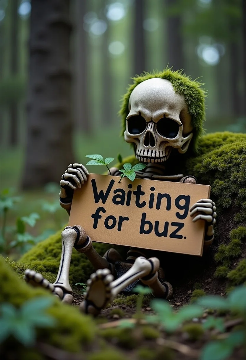 buzz, a squeleton holding a sing that says "Waiting for buzz", It is a key skeleton in the forest,laying on the ground, covered with plants, as if time had passed since it arrived there.