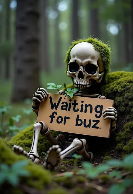 buzz, a squeleton holding a sing that says "Waiting for buzz", It is a key skeleton in the forest,laying on the ground, covered with plants, as if time had passed since it arrived there.