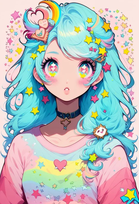 score_9, score_8_up, score_8, medium breasts, (curvy), cute, eyelashes, pastel,
BREAK,
1girl, solo, long hair, looking at viewer, blush, simple background, shirt, hair ornament, collarbone, upper body, heart, parted lips, choker, star (symbol), symbol-shaped pupils, aqua hair, heart-shaped pupils, pink background, pink shirt, star hair ornament, multicolored eyes, food-themed hair ornament, colorful, multicolored shirt, pastel colors,
zPDXL,