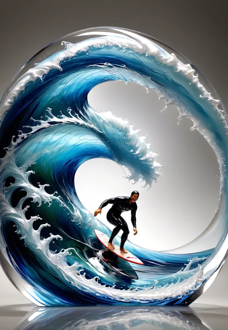 lazympos, murano_glass_style, tsunami, surfer, tunnel wave made of glass