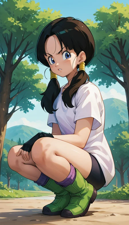 zPDXL3, <lora:Videl_v1:.6>, <lora:OtherStyle_03-3:.8>
videl, woman, twintails, long hair, black hair, hair tubes, blue eyes, long white shirt, short sleeves, brown fingerless gloves, black bike shorts, purple socks, green boots, looking at viewer, serious, parted lips, squatting, from below, hands on knees, outside, trees, blue sky,