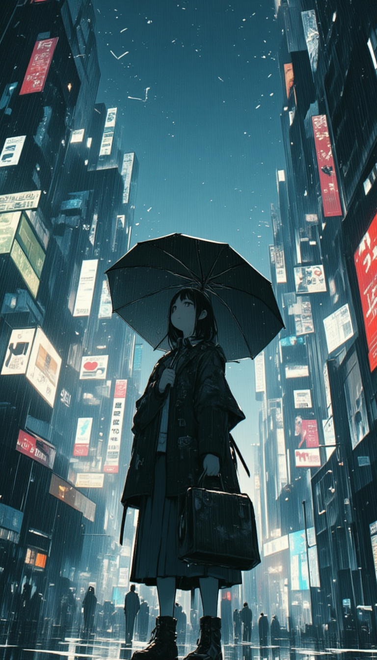  girl, standing, holding a umbrella, rain, lookup the sky,lulu01,manga 