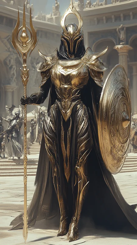 Full body, celestial armored goddess holding a large cone-shaped spear and large shield, guards the ancient temple courtyard, 4k