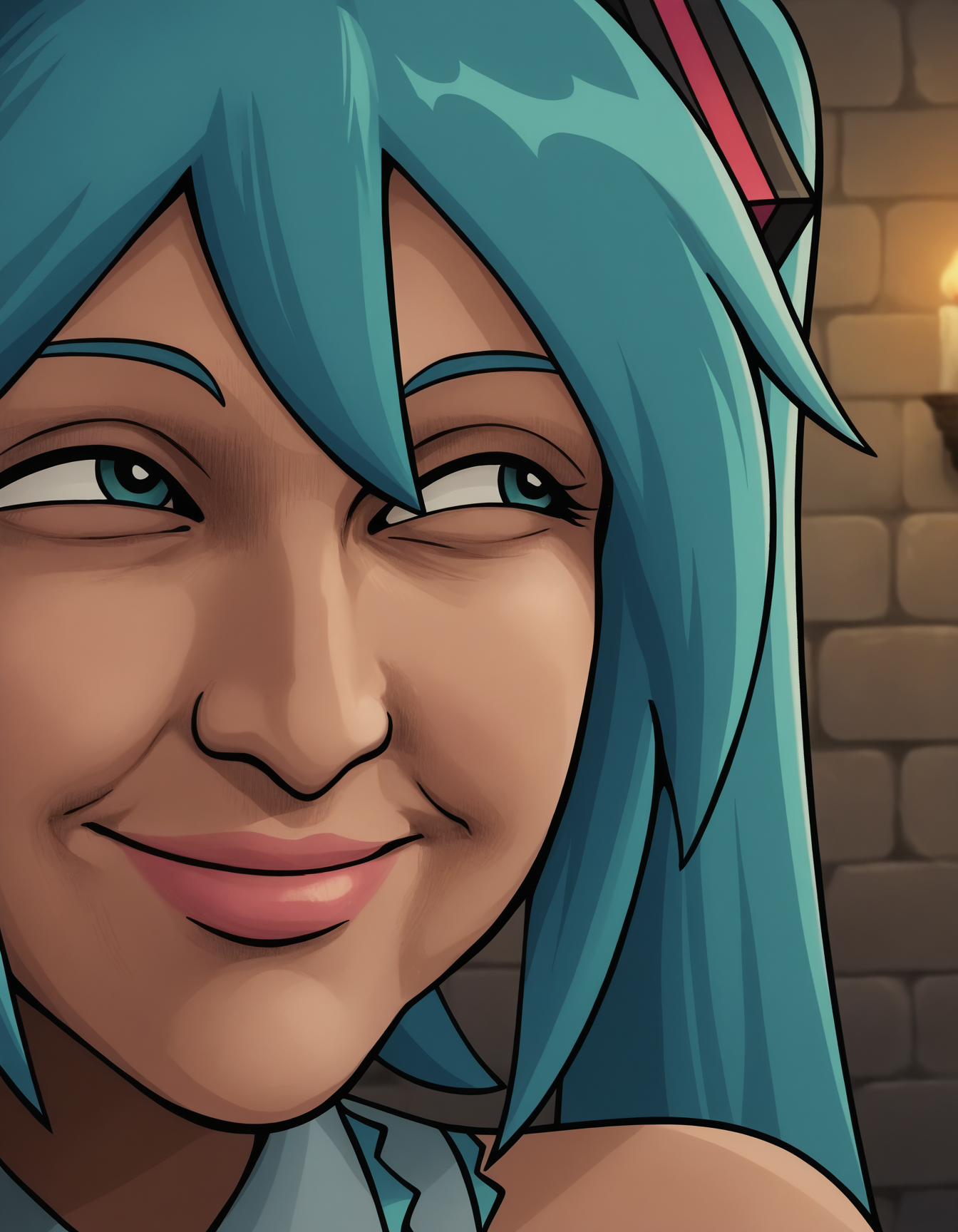 style parody,  anime style, face focus, close-up, funny, meme, staring at her right, ((SOLO, 1girl)), closed mouth, Thispleases, smile, Hatsune Miku, blue hair, long hair, twintails, <lora:ThisPleasesV.01-000008:0.95>, BREAK (inside castle, stone walls, torches, dim light)