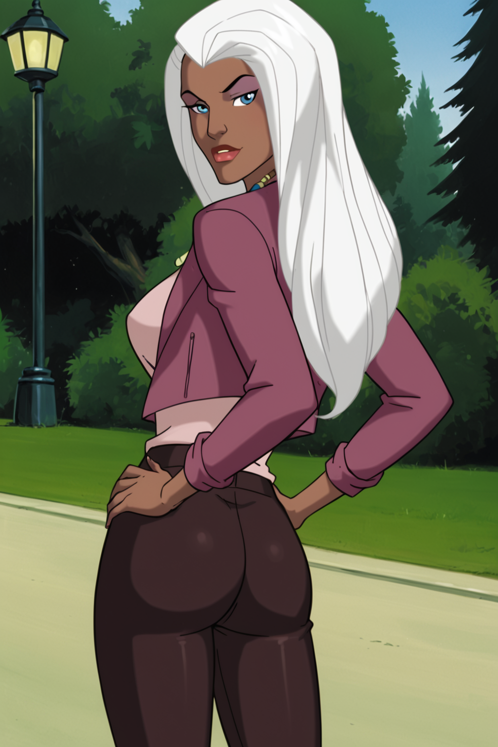 PonyXLV6_Scores BREAK ((parody), perfect anatomy, perfect eyes, cowboy shot), <lora:add_details_xl:1> BREAK BREAK <lora:Storm_-_X-Men_Evolution:1> ororo munroe, dark-skinned female, long hair, white hair, blue eyes, makeup, lipstick, flirting, raised eyebrow, half-closed eyes, ((looking back at viewer)), open jacket, shirt, necklace, tank top, pants, large breasts, curvy, toned, athletic, standing, sexually suggestive pose, hands on hip, outdoors