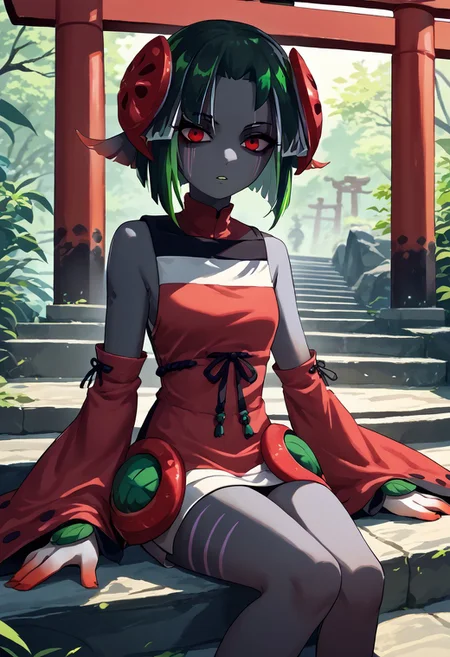 score_9, score_8_up, score_7_up, source_anime, 1girl, stairs, sitting, looking at viewer, parted lips, colored skin, red eyes, multicolored hair, green hair, black hair, short hair, hair ornament, magatama, short dress, multicolored dress, red dress, detached sleeves, bare shoulders, torii, japanese architecture