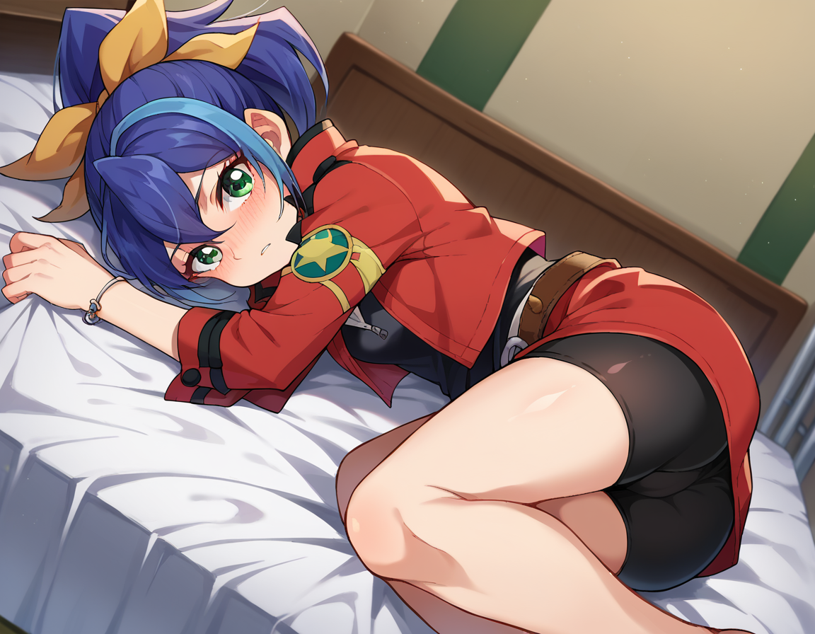 score_9, score_8_up, score_7_up, source_anime,
yugiohserena, <lora:yugioh-serena-ponyxl-lora-nochekaiser:1>,
yugioh serena, blue hair, multicolored hair, ponytail, two-tone hair, green eyes, hair bow, ribbon,
belt, bike shorts, bow, bracelet, jacket, jewelry,
indoors, bed, bed room, on side, blush, drunk,
looking at viewer, cowboy shot, dutch angle,