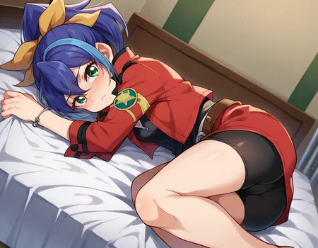 score_9, score_8_up, score_7_up, source_anime,
yugiohserena, <lora:yugioh-serena-ponyxl-lora-nochekaiser:1>,
yugioh serena, blue hair, multicolored hair, ponytail, two-tone hair, green eyes, hair bow, ribbon,
belt, bike shorts, bow, bracelet, jacket, jewelry,
indoors, bed, bed room, on side, blush, drunk,
looking at viewer, cowboy shot, dutch angle,