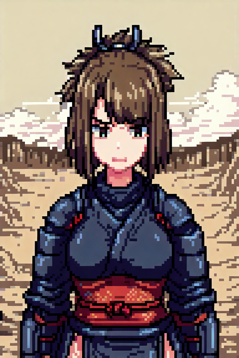 1girl, samurai, upperbody,  dust wasteland  <lora:Pixel_Art_XL:1>