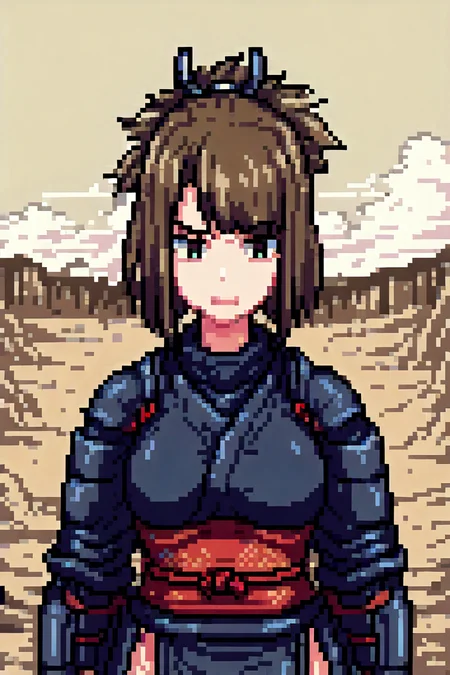 1girl, samurai, upperbody, dust wasteland <lora:Pixel_Art_XL:1>