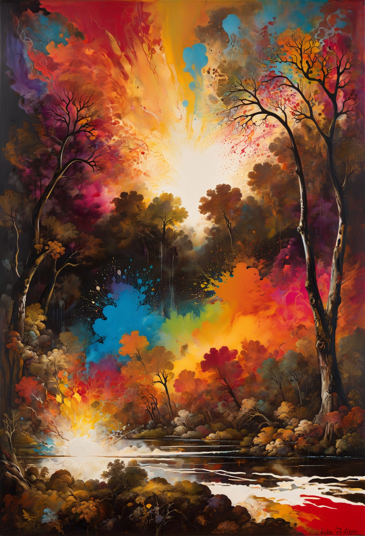 <lora:sdxl\xl_more_art-full_v1>landscape art by Rembrandt van Rijn, a canvas filled with vibrant colors explodes in a dazzling display of color, each stroke and line representing the essence of abstract art. The painting is surrounded by swirling patterns and shapes, creating a mesmerizing visual spectacle that captures the viewer's attention. Fall, Very wide view, African American art, stained canvases, experimental painting techniques, created by genius but depressed mad artist
